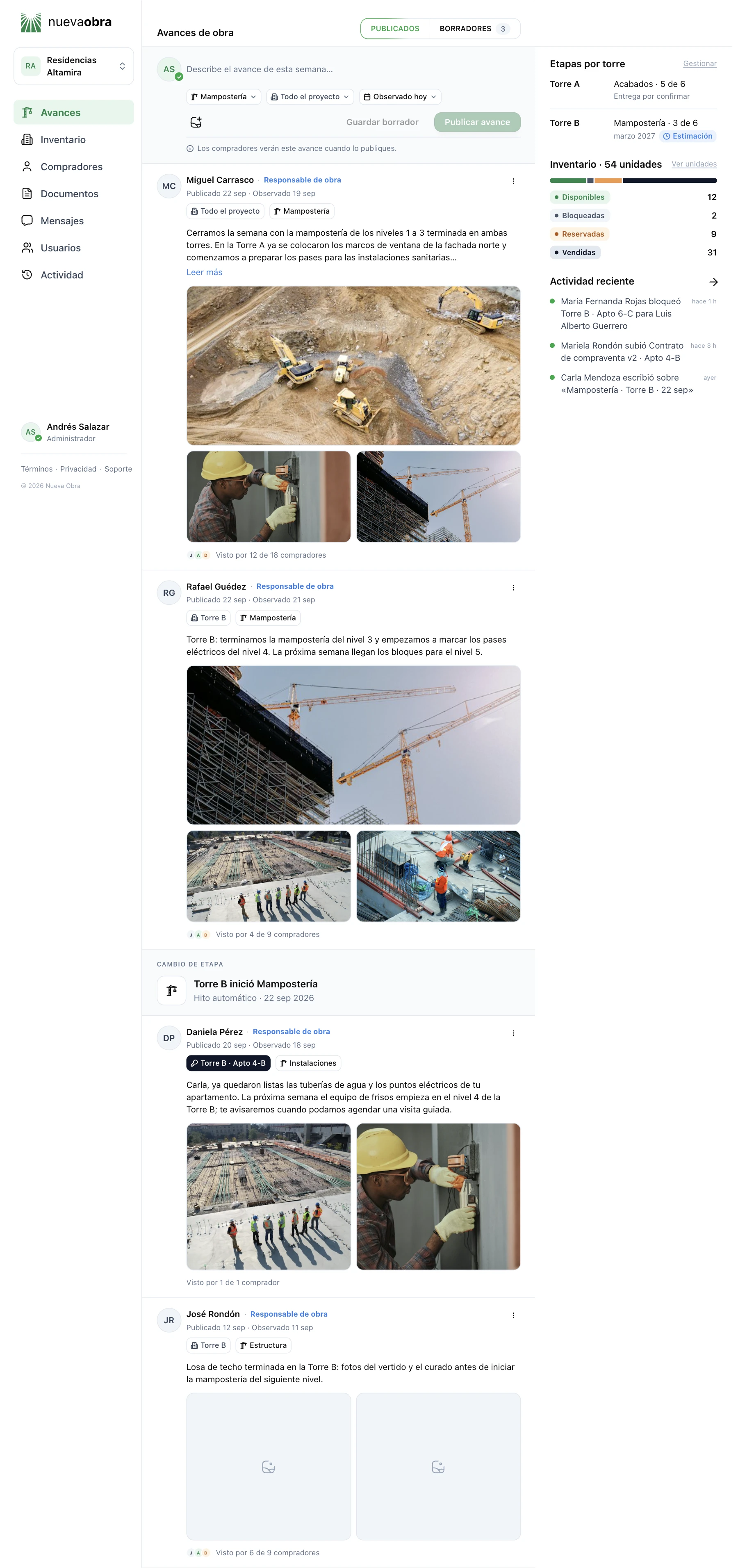 Feed de avances de obra del equipo en Nueva Obra