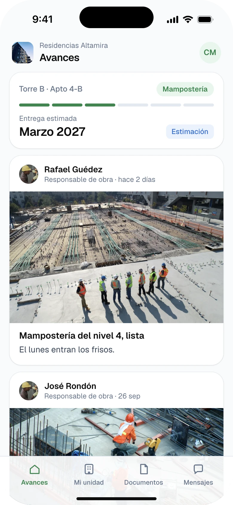 Portal del comprador: etapa de su torre, entrega estimada y avances con fotos