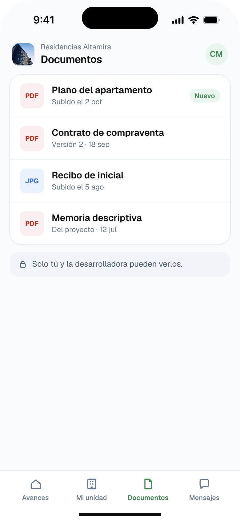 Documentos privados del comprador: plano, contrato y recibos
