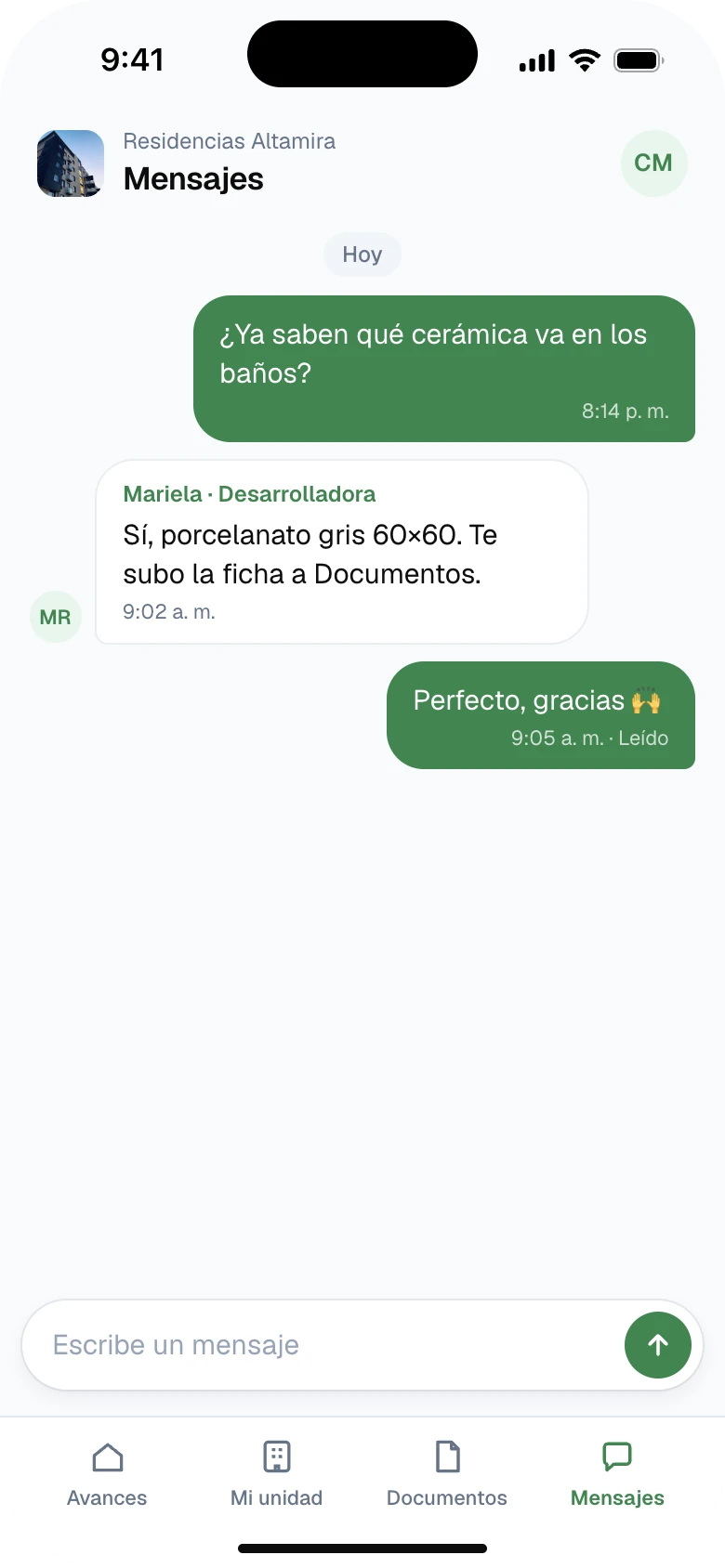 Chat privado entre el comprador y la desarrolladora